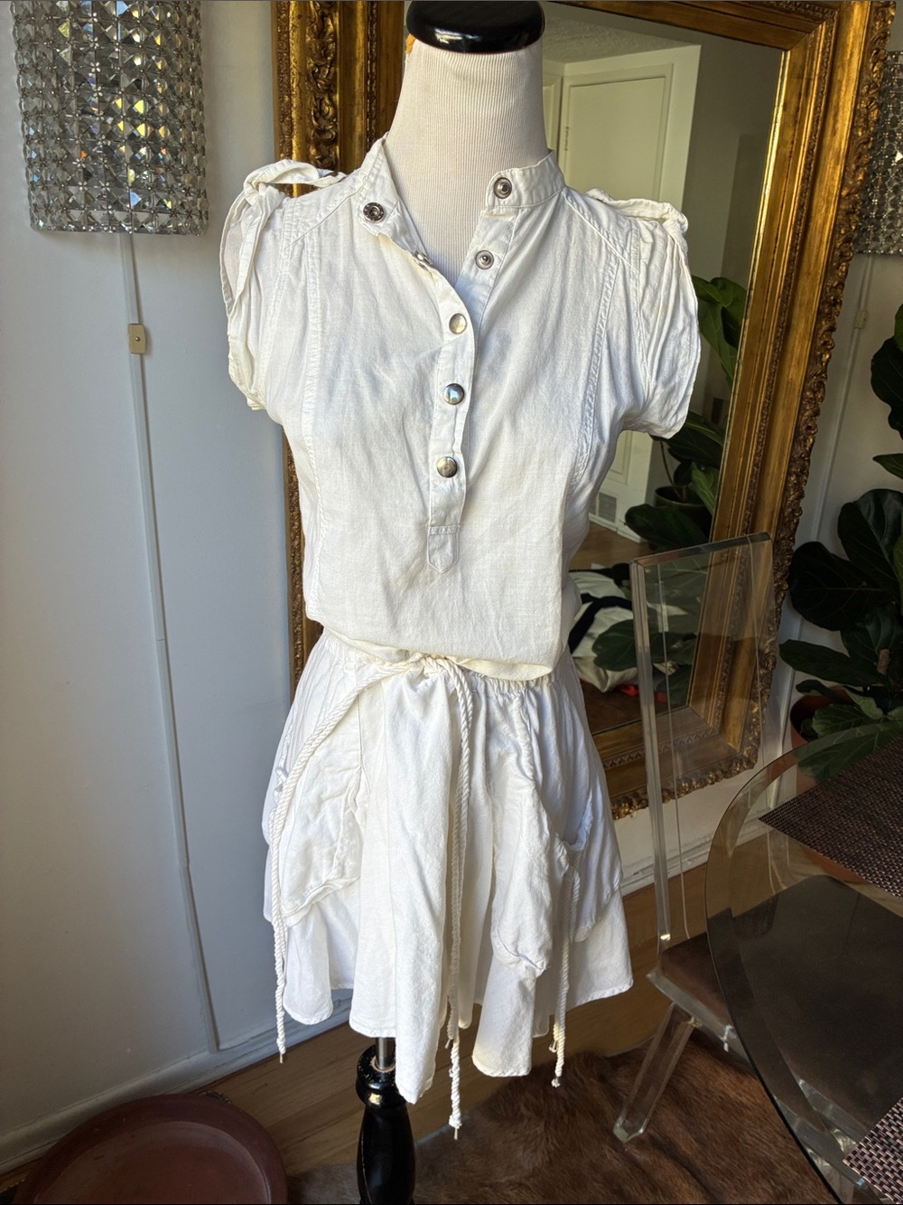 Vintage Zara White Short Sleeve Button Dress with Drawstring Waist small